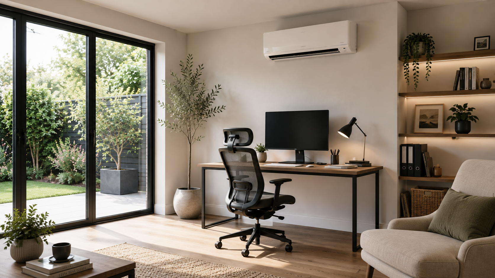 Home office with wall-mounted air conditioning positioned away from the desk